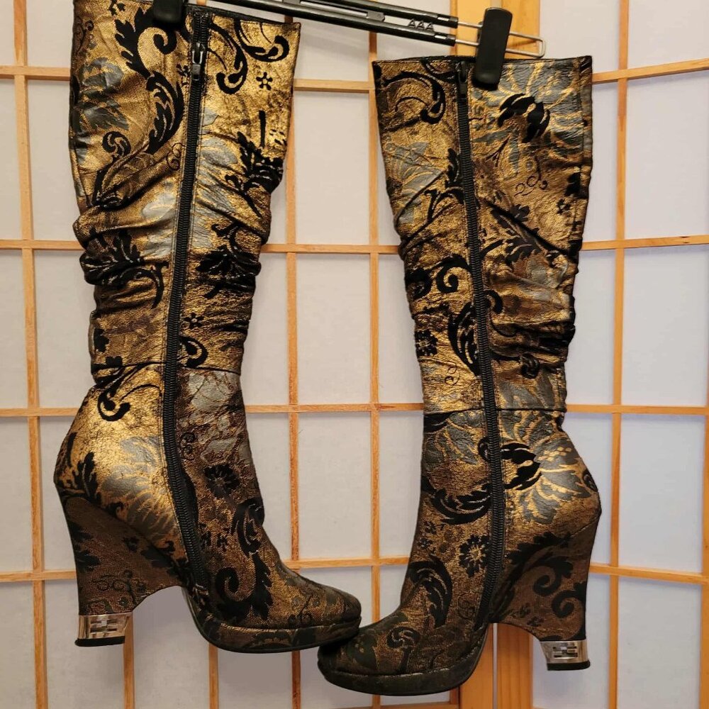 Gold & Black Brocade Wedge Boots